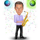 Saxofoonspeler karikatuur in kleurstijl voor liefhebbers van jazzmuziek