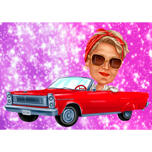 Pin Up Style -nainen autokarikatyyreissä valokuvista värillisellä taustalla