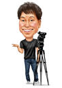 Man with Camera Colored Style Head and Shoulders Caricature Portrait for Custom Cameraman Gift