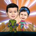 Full Body Superhero Kids karikatur i farvestil med brugerdefineret baggrund