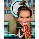 Henkilö, joka syö hot-dog-karikatyyriä - liioiteltu värillinen tyyli mukautetulla taustalla