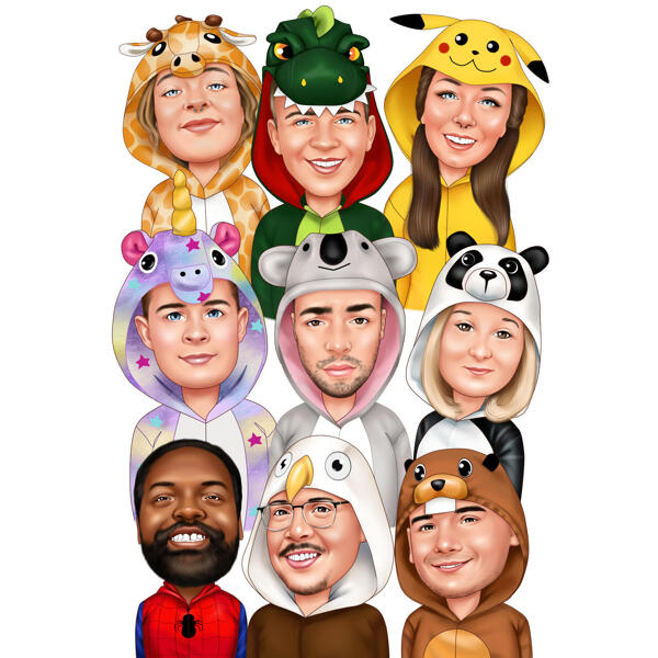 Caricature d'un groupe d'amis en costumes amusants