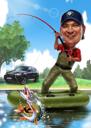 Caricatura di pesca disegnata a mano – Ritratto digitale personalizzato