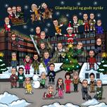 Grupas Ziemassvētku karikatūru kartīte ar ēkas fonu