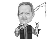 Fishing Person Caricature in Black and White Style from Photos for Fisherman Gift Idea