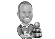 Карикатура на человека с трофеем в черно-белом стиле по фотографиям