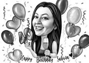Osoba s dárkem k narozeninám a karikaturou šampaňského v černobílém stylu