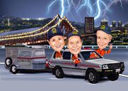Team in Bus Caricature Drawing