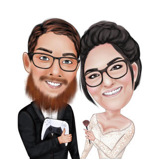 Bride and Groom Hobbies Caricature in Color Style from Photo