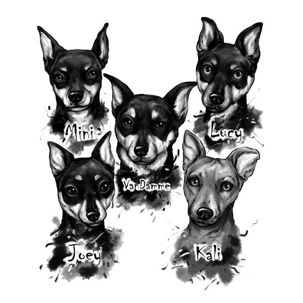 Pielāgota suņu karikatūra — akvareļkrāsu jauktas suņu šķirnes portrets melnbaltā stilā