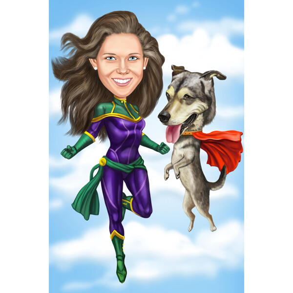 Caricatura de superhéroe con perro
