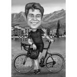 Caricature de cycliste dans un style exagéré en noir et blanc sur fond personnalisé