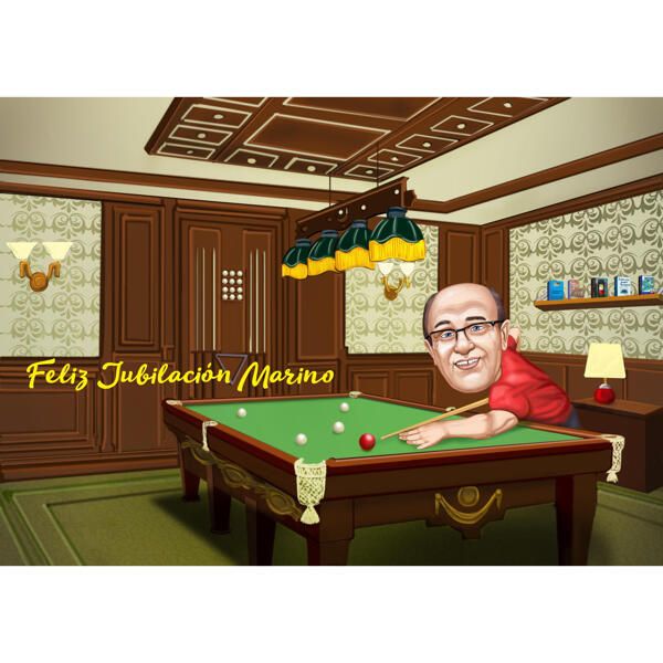 Caricatura del giocatore di biliardo in stile colore su sfondo personalizzato da foto