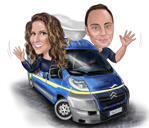 Юбилейная карикатура на пару в автомобиле и пользовательском фоне