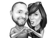 Caricatura de pareja mostrando la mano y el corazón en estilo blanco y negro