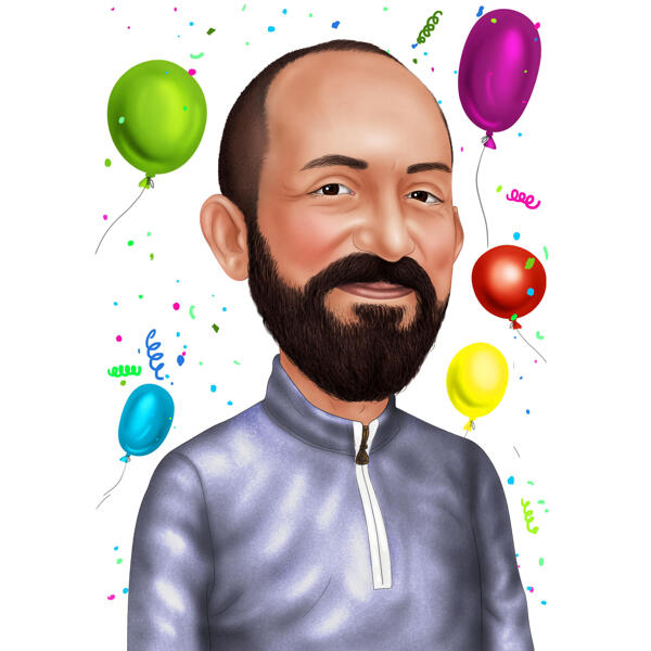 30 Jahre Geburtstagskarikatur im Farbstil mit Luftballons und Konfetti
