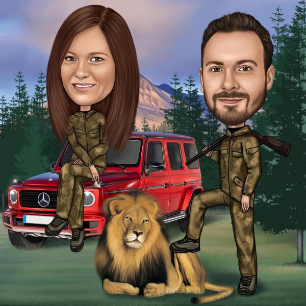Caricatură de cuplu de vânătoare cu animal și mașină pe fundal personalizat
