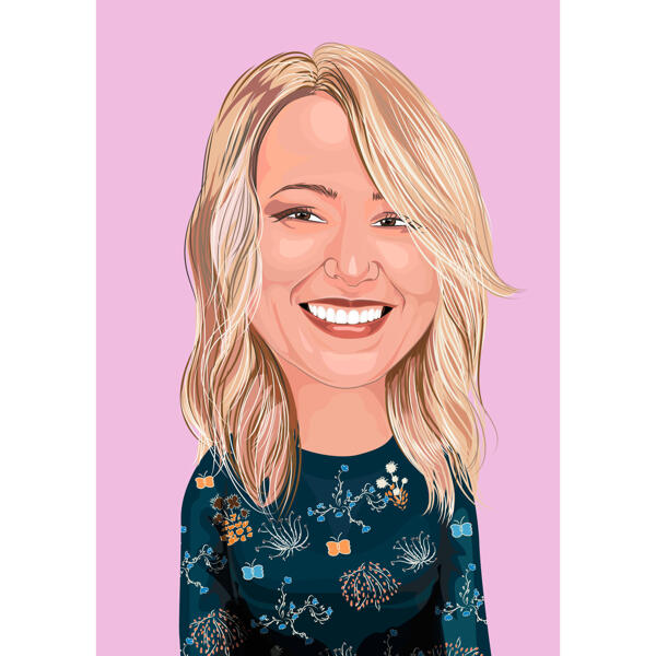 Glad kvinde karikatur portræt på lyserød baggrund trukket fra fotos