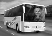 Karikatura řidiče autobusu v černobílém stylu z fotografií