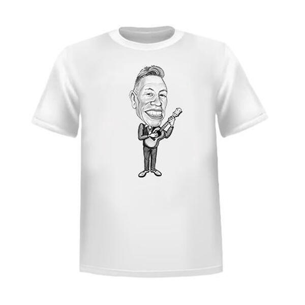 Man with Guitar Caricature Printed on T-Shirt for Music Lovers Gift
