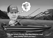 Black and White Fishing Man Caricature