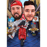 Two Persons on Motorcycle Cartoon