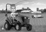 Svartvitt bondekarikatyr - Man på traktor med anpassad bakgrund från foto