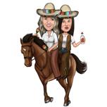 Zwei Personen, die ein Pferd in farbigem Karikaturgeschenk von Fotos reiten