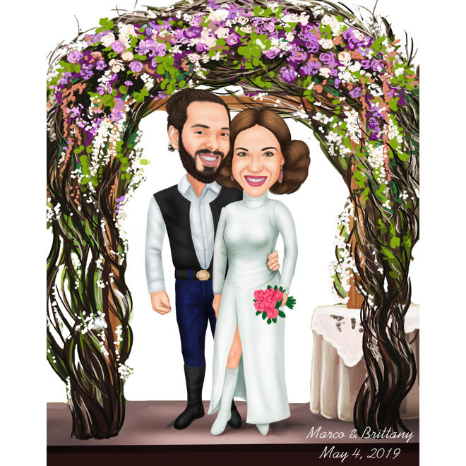 Full Body Wedding Couple Cartoon Caricature with Flowers Bridge