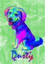 Celotělový portrét psa karikatury ve stylu akvarelu na zeleném pozadí