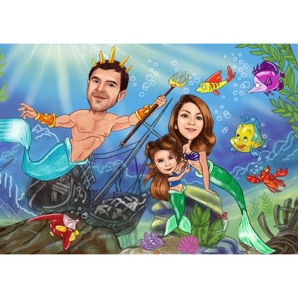 Benutzerdefinierte Meerjungfrau Familienkarikatur mit benutzerdefiniertem Hintergrund
