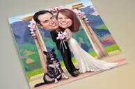 Caricatura personalizada de casal com animais de estimação em estilo colorido como impressão em papel fotográfico