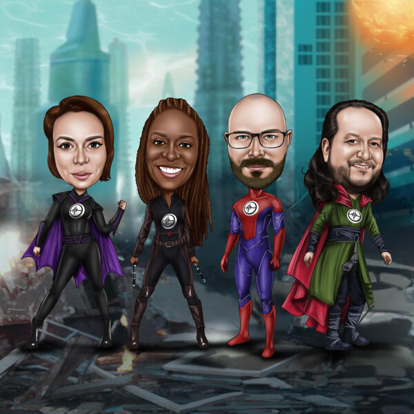 Caricatura de grupo de super-heróis