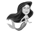 Mermaid Caricature Hand Drawn in Black and White Style on Custom Background