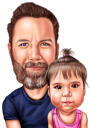 Isä ja tytär, pää ja hartiat, karikatyyri valokuvista värillisessä tyylissä
