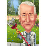 Gartenarbeiter-Karikatur-Zeichnung im Farbstil mit benutzerdefiniertem Hintergrund