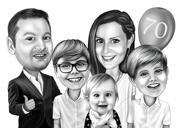 Mustavalkoinen perhesarjakuva muotokuva kuvista kiitospäivän korttilahjaksi