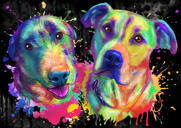 Couple of Dogs Caricature Portrait in Watercolor Style on Black Background