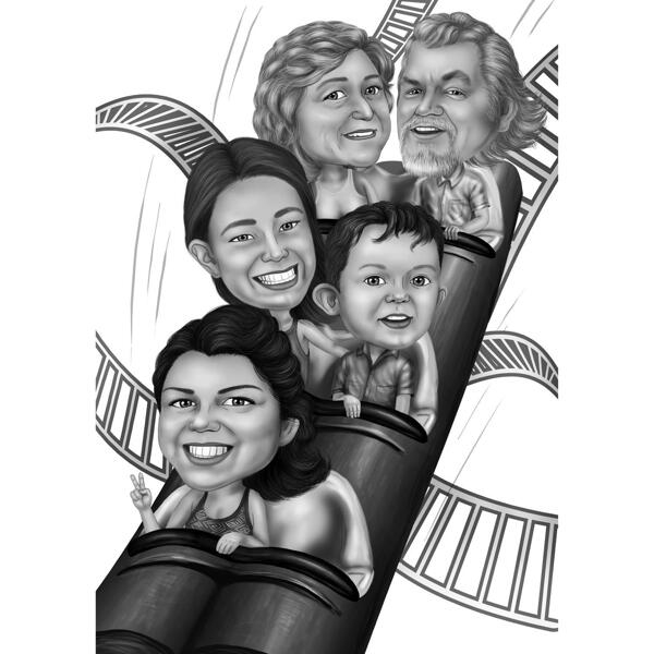 Caricatura di famiglia sulle montagne russe dalle foto