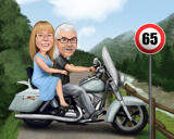 Pāris, kas ceļo ar motociklu, krāsaina karikatūra ar pielāgotu fonu