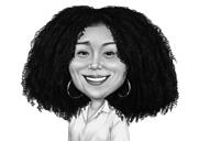 Sievietes karikatūra no fotoattēla melnbaltā pārspīlēta multfilmas stilā