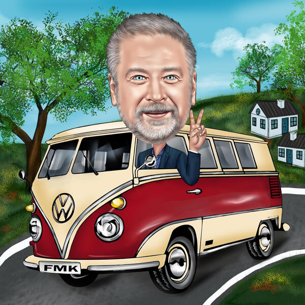 Bus Driver Cartoon Portrait Gift with Road Background from Photos