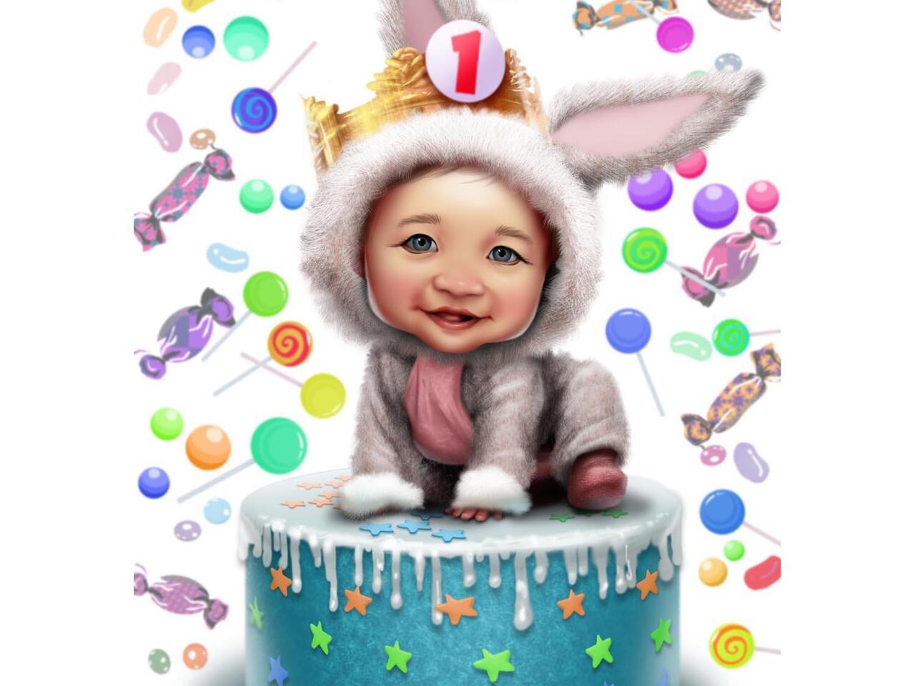 Caricature du 1er anniversaire de bébé avec gâteau