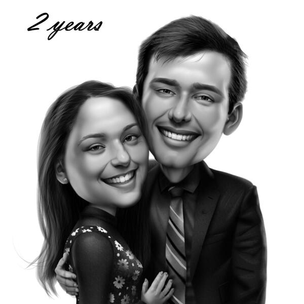 2 Jahre Jubiläum - Paarkarikaturzeichnung im digitalen Schwarz-Weiß-Stil von Fotos