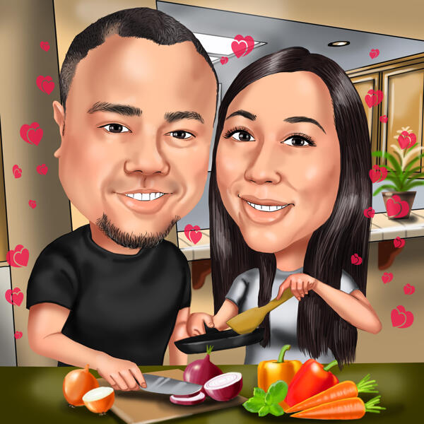 Cooking Together - Romantic Couple Caricature for Cooking Lovers