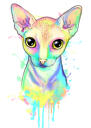 Portrét karikatury Sphynx Сat v jemném pastelovém akvarelu z fotografií