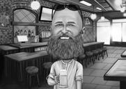 Desenho personalizado de alta caricatura de pessoa bebendo cerveja em estilo preto e branco
