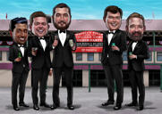 Dibujo de caricatura de padrinos de boda con fondo de puente