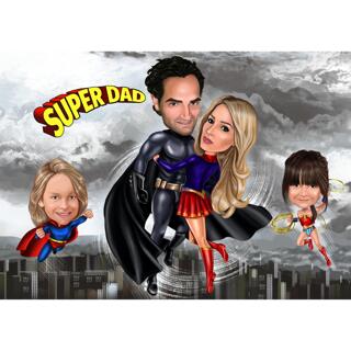 Superhero Family Caricature in Color Style for Father's Day Gift