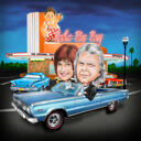 Caricature d'un couple dans un véhicule